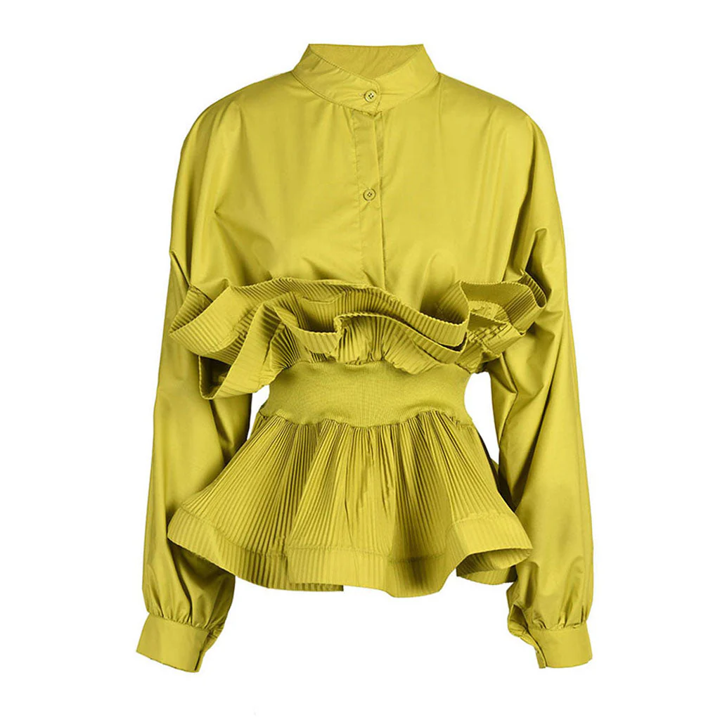 Classy Stand Collar Long Sleeve Button Down Ruffled Peplum Blouse - Image 3