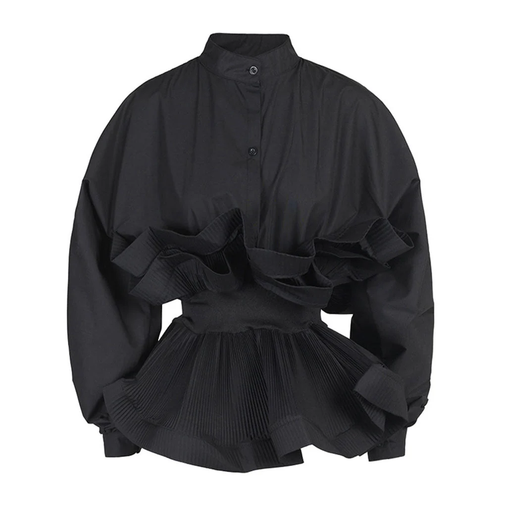 Classy Stand Collar Long Sleeve Button Down Ruffled Peplum Blouse - Image 4