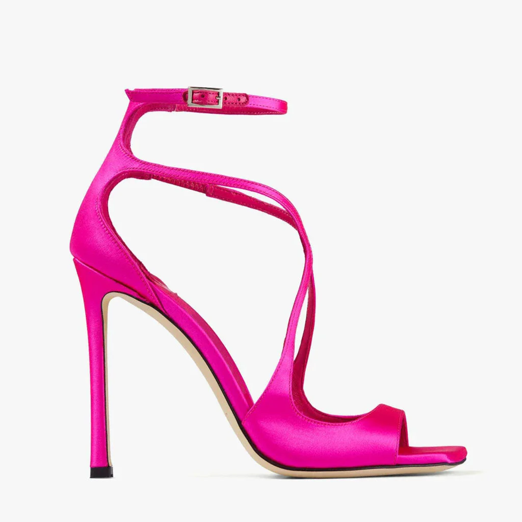 Classy Strappy Square Toe Ankle Strap Stiletto Satin Sandals - Fuchsia - Image 3