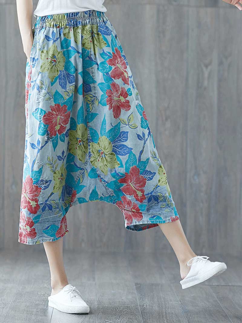 Close Your Eyes Ethnic Style Ripped Printed Yesterday's Crope Denim Pant - Image 3