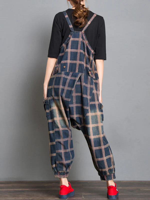 Colleen Denim Harem Overall Dungarees with Plaids Prints - Image 2