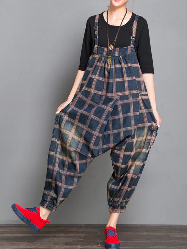 Colleen Denim Harem Overall Dungarees with Plaids Prints - Image 3