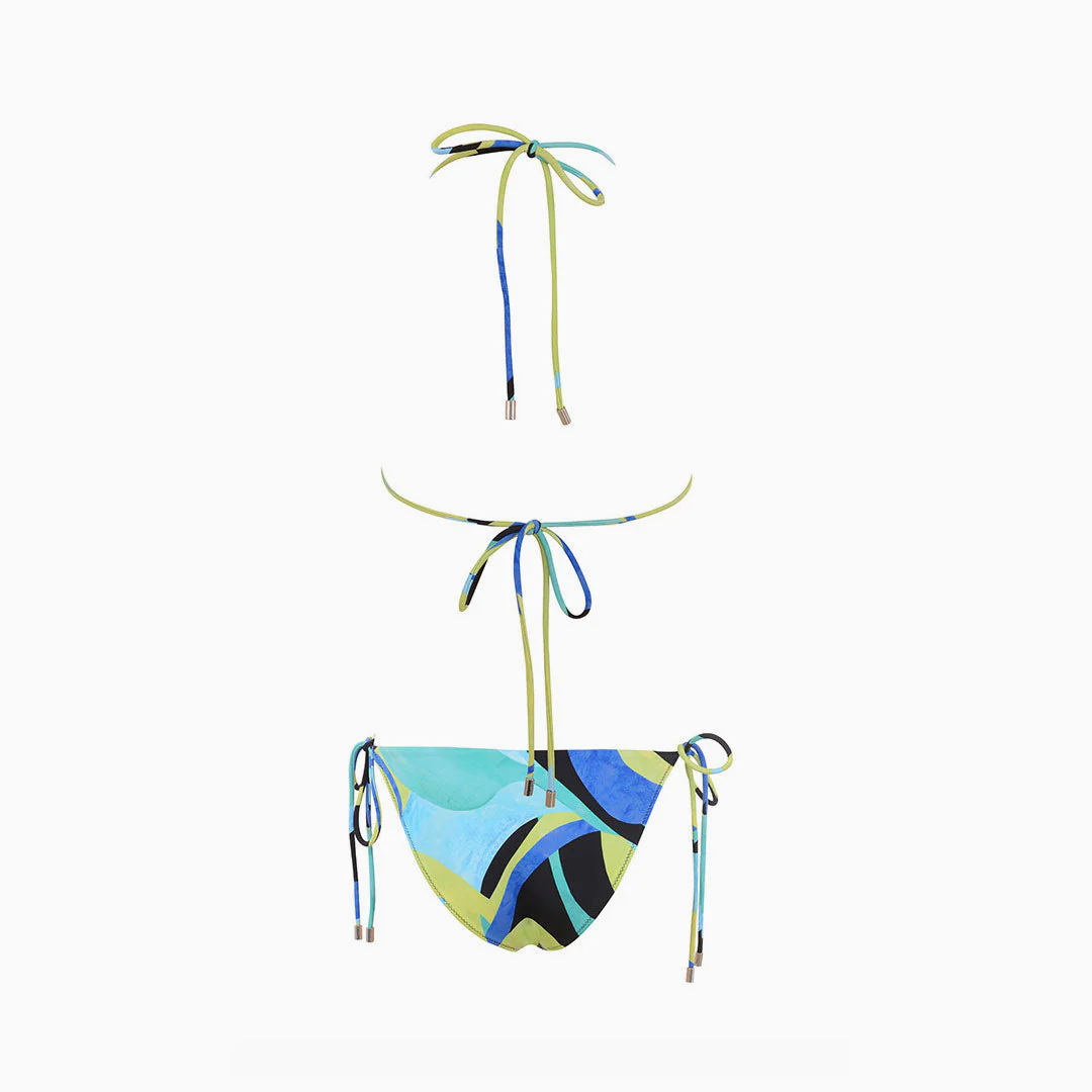 Flirty Color Block Tie String Halter Neck Bralette Bikini Set - Teal - Image 4