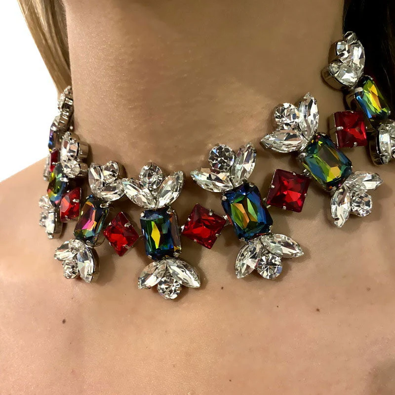 Colorful Candy Shaped Crystal Embellished Choker NeckLace - Silver - Image 3