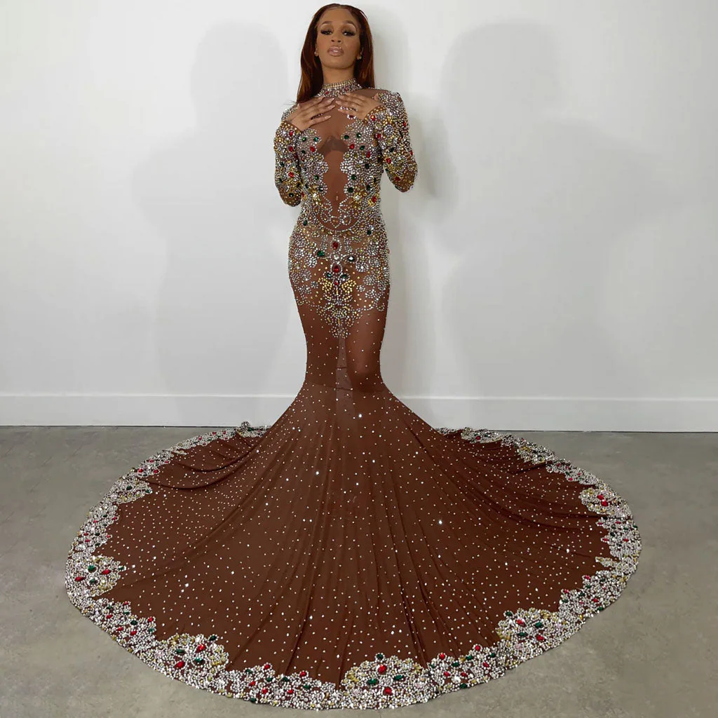 Colorful Rhinestone Embellished High Neck Long Sleeve Mesh Mermaid Maxi Evening Dress - Image 2