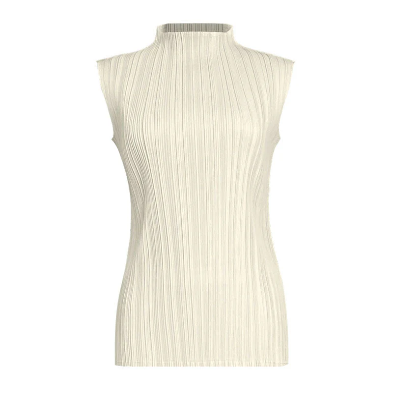 Comfy Solid Color Mock Neck Slim Fit Pleated Sleeveless Top - Image 3