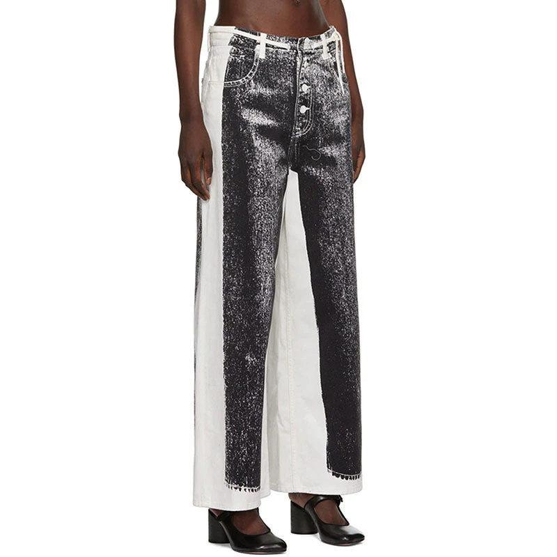Conceptual Style Contrast Printed Drawstring High Waist Wide Leg Jeans - Image 6
