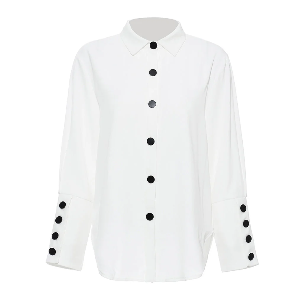 Contrast Belted Folded Collar Long Sleeve Button Down Blouse Matching Set - Image 3