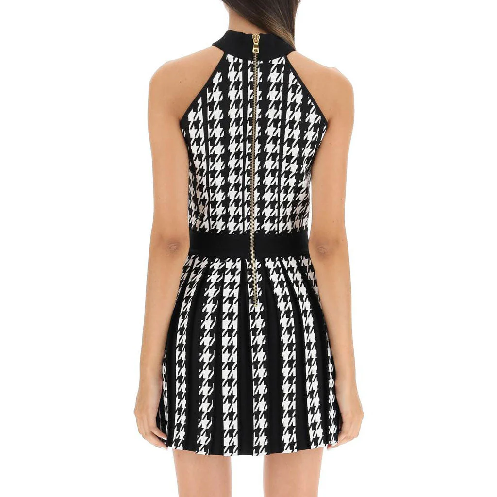 Contrast Buttoned Houndstooth Print Sleeveless Fit and Flare Mini Pleated Sweater Dress - Image 2