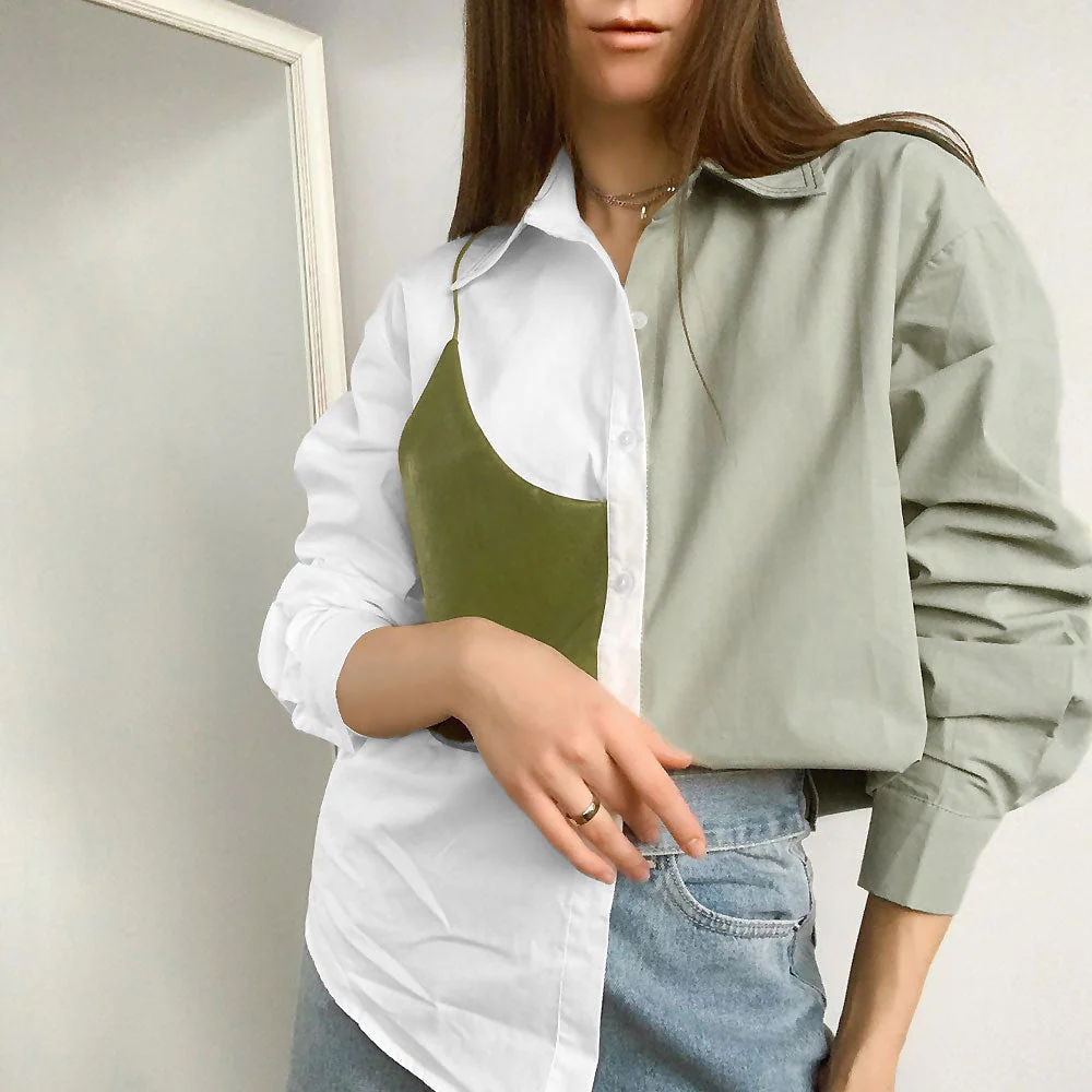 Contrast Color Faux Leather Panel Trim Long Sleeve Button Up Shirt - Green - Image 3