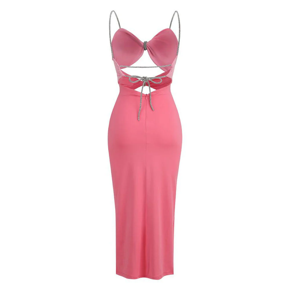 Contrast CutOut Twist Ruched Rhinestone Cami Backless Bodycon Midi Formal Dress - Image 6