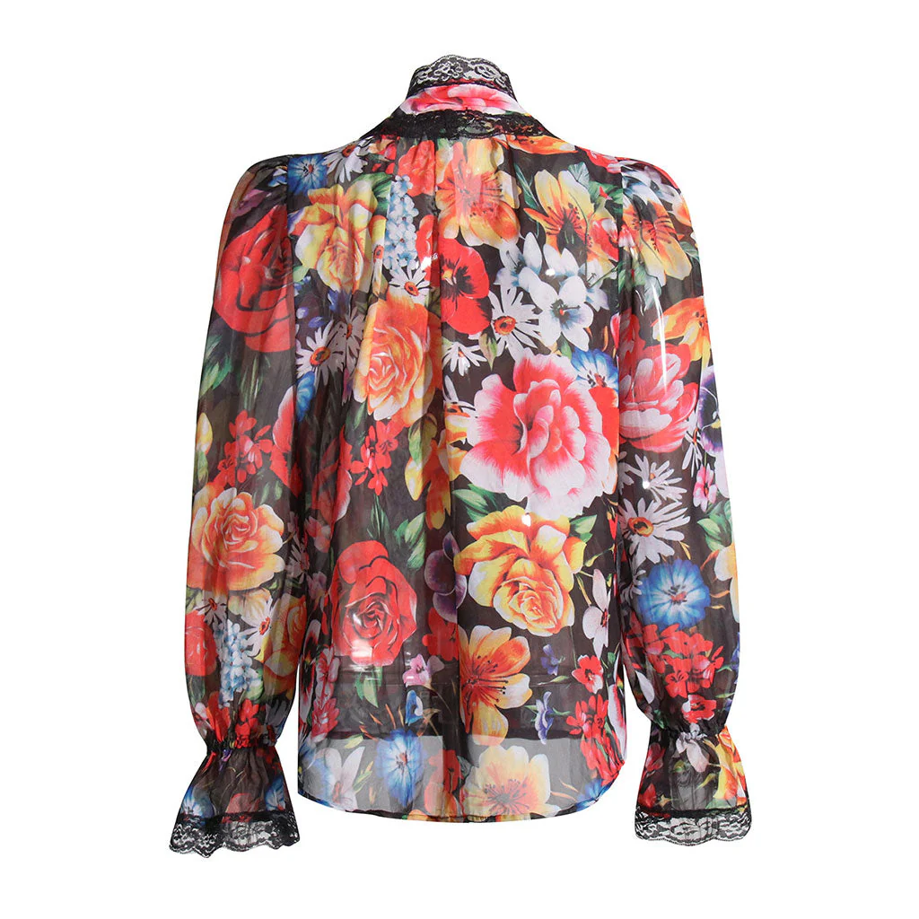 Contrast Floral Print Lace Trim Bow Tie Puff Sleeve Button Down Chiffon Blouse - Image 2