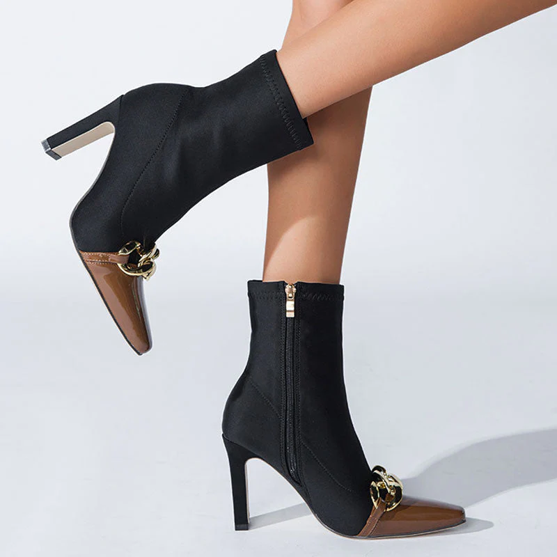 Contrast Metal Chain Pointed Toe High Heel Sock Ankle Boots - Chocolate - Image 2