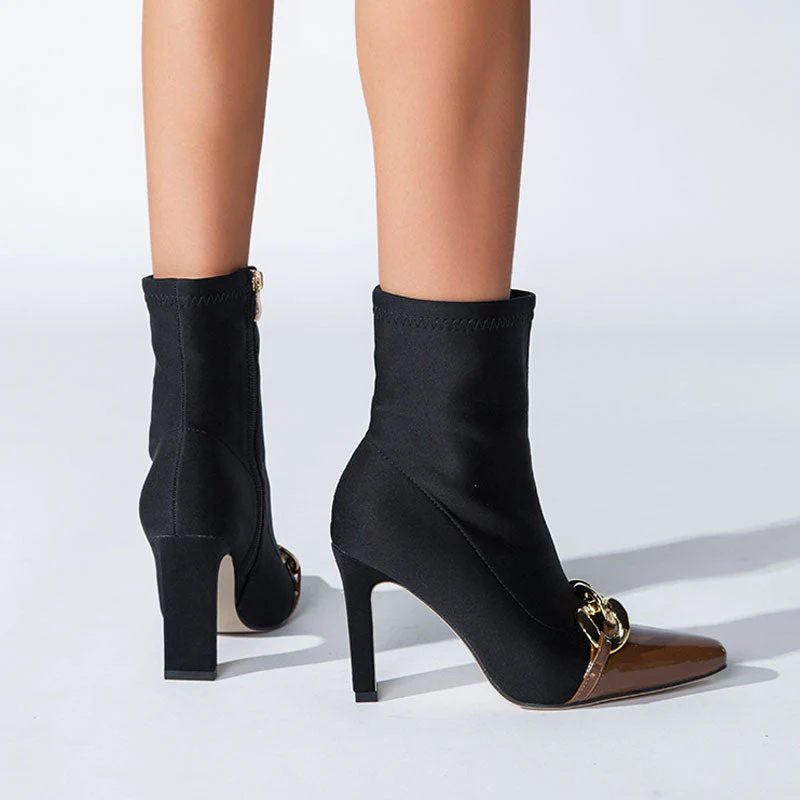 Contrast Metal Chain Pointed Toe High Heel Sock Ankle Boots - Chocolate - Image 3