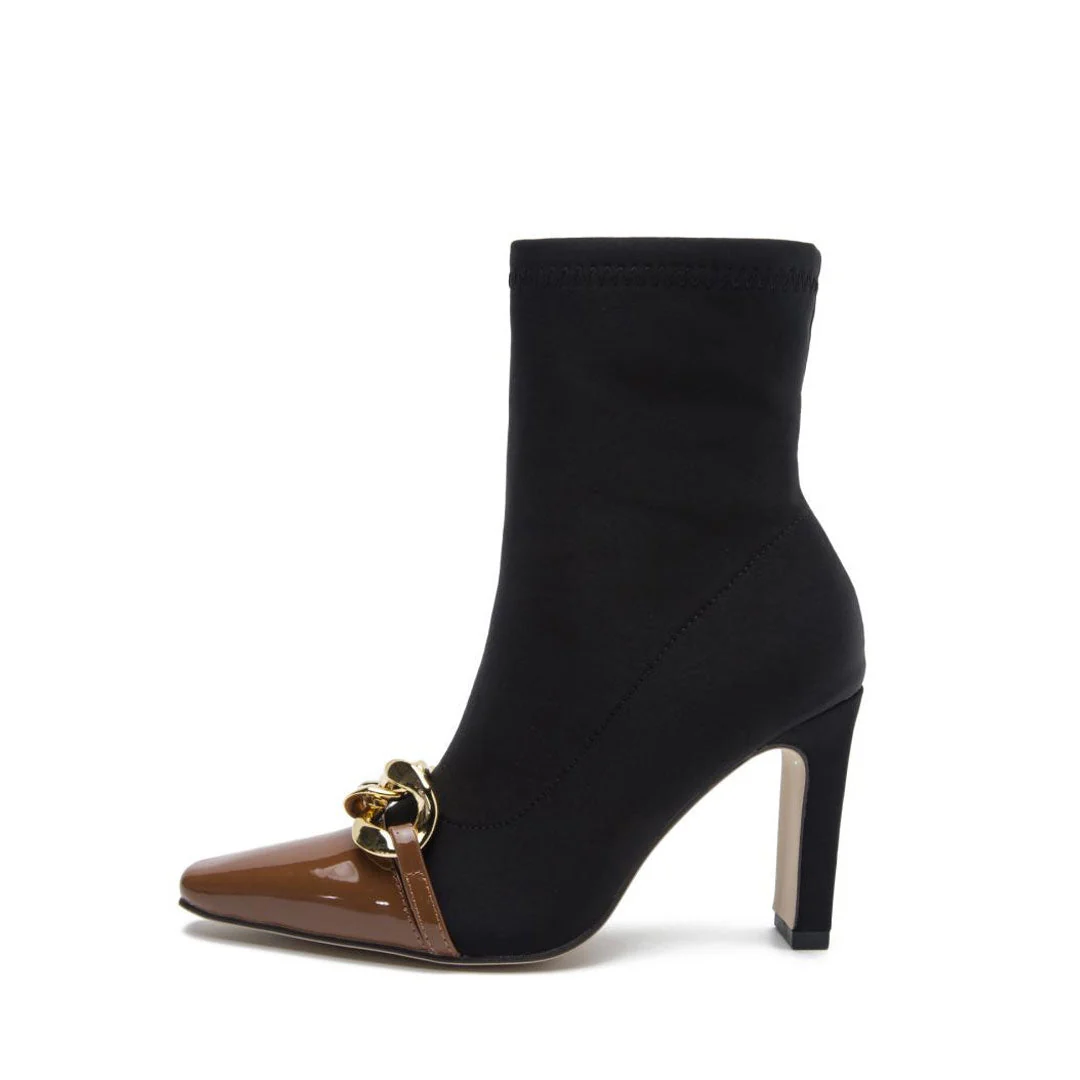 Contrast Metal Chain Pointed Toe High Heel Sock Ankle Boots - Chocolate - Image 5
