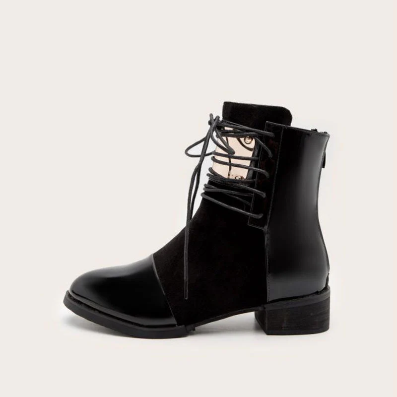 Contrast Panel Metal Trim Lace Up Faux Leather Ankle Boots - Black - Image 5