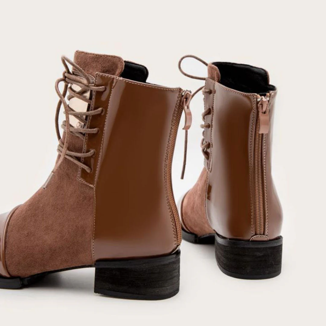 Contrast Panel Metal Trim Lace Up Faux Leather Ankle Boots - Brown - Image 4