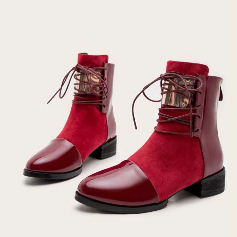 Contrast Panel Metal Trim Lace Up Faux Leather Ankle Boots - Red - Image 4