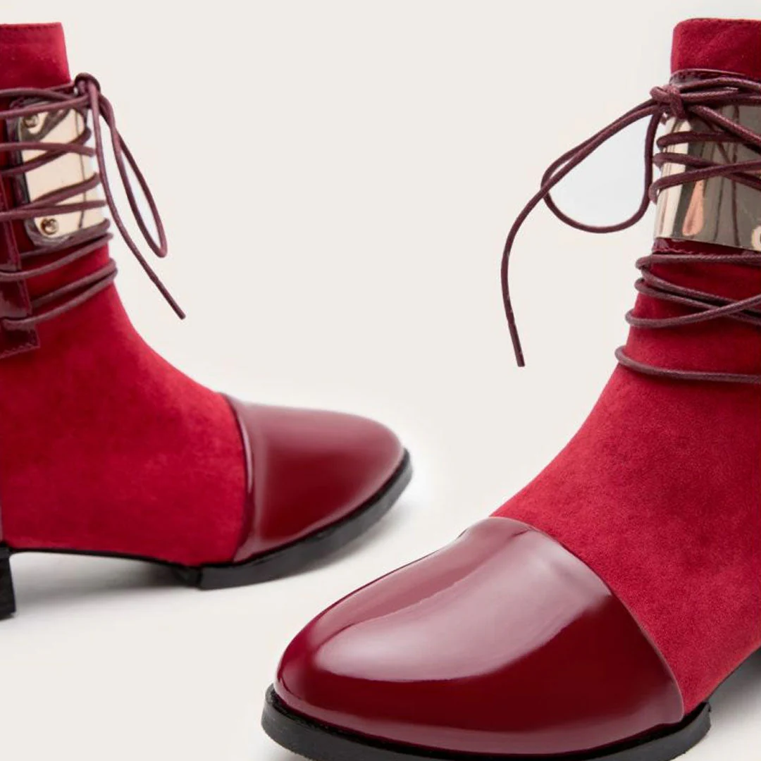 Contrast Panel Metal Trim Lace Up Faux Leather Ankle Boots - Red - Image 6