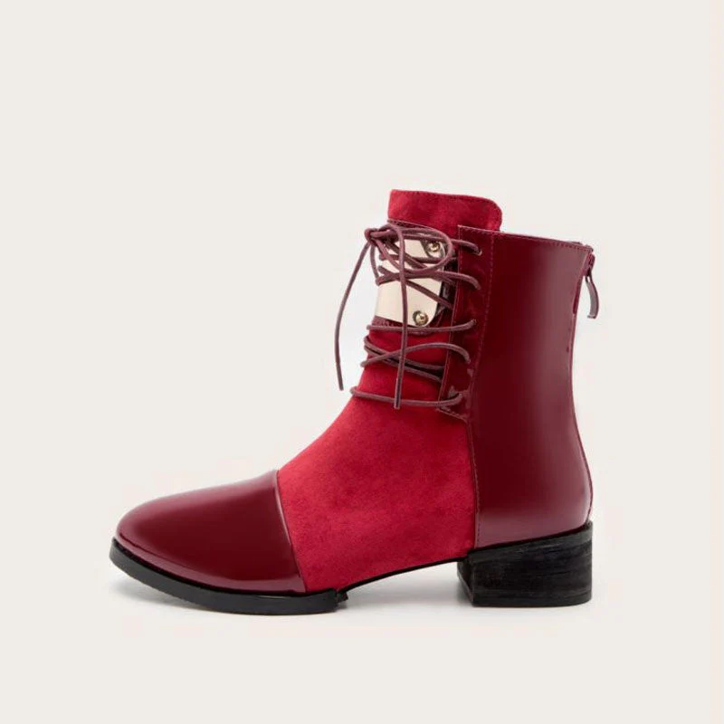 Contrast Panel Metal Trim Lace Up Faux Leather Ankle Boots - Red - Image 7