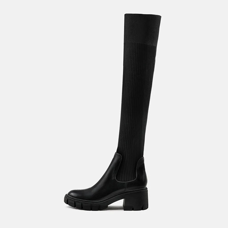 Contrast Panel Trim Lug Sole Chunky Heel Knit Knee High Sock Boots - Black - Image 4