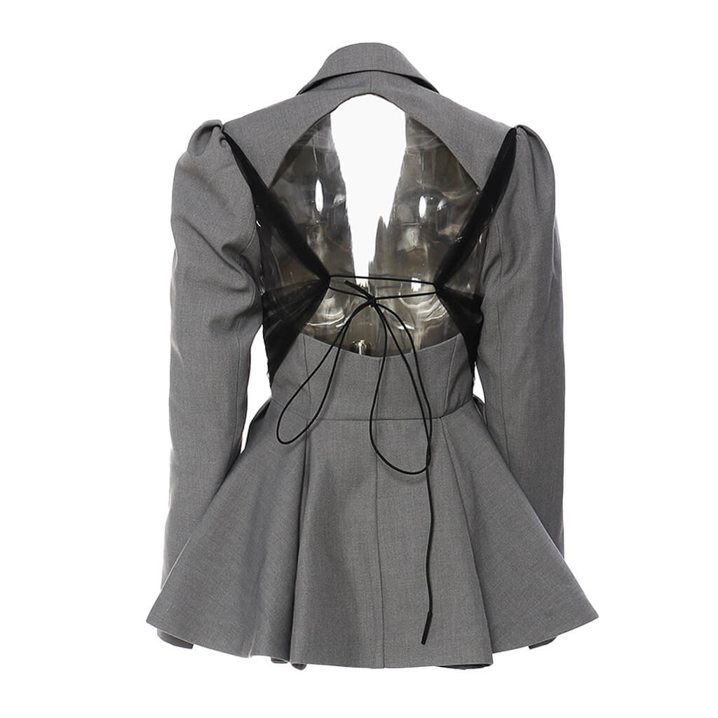 Contrast Stitch Puff Sleeve Open Back Lapel Collar Single Breasted Peplum Blazer - Image 2