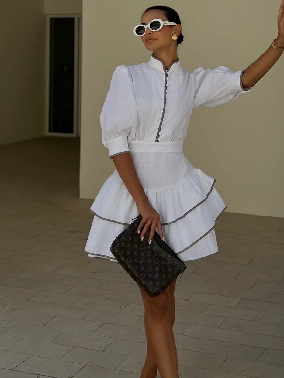 Contrasting color bubble sleeve shirt dress - Image 5