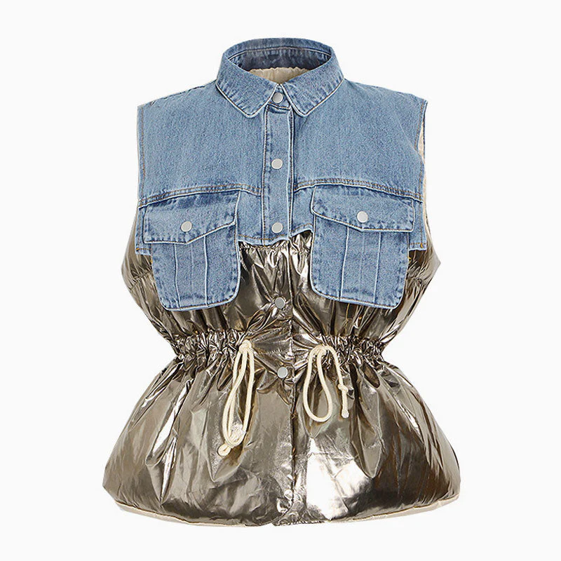 Cool Denim Collar Button Down Deconstructed Hybrid Metallic Puffer Vest - Gold - Image 2