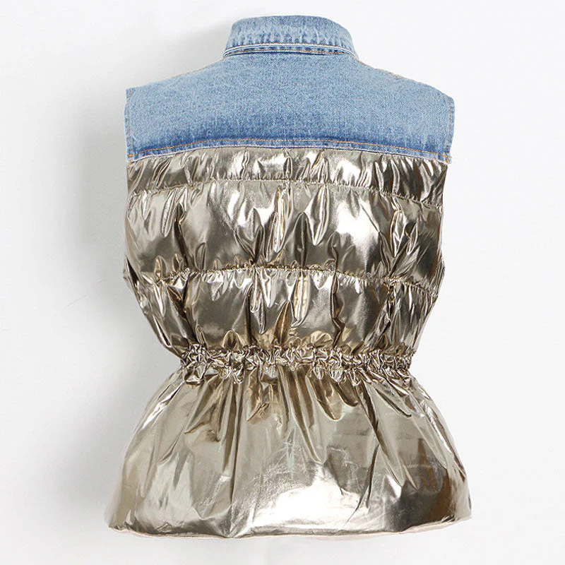 Cool Denim Collar Button Down Deconstructed Hybrid Metallic Puffer Vest - Gold - Image 3