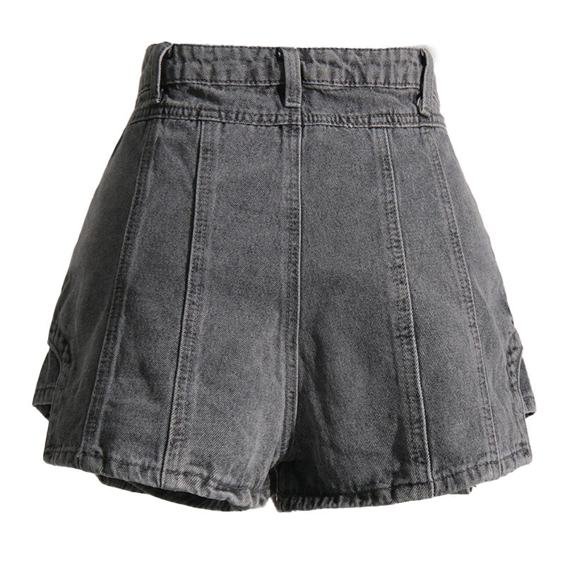 Cool Solid Color Exposed Seam Layered High Waist Denim Skorts - Image 3