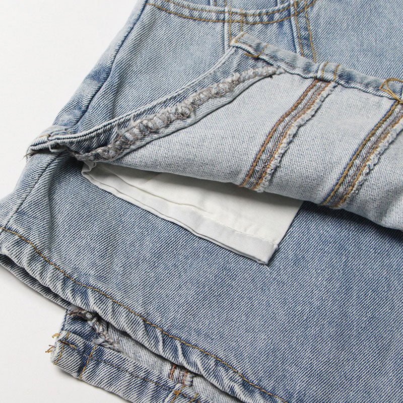 Cool Solid Color Exposed Seam Layered High Waist Denim Skorts - Image 5