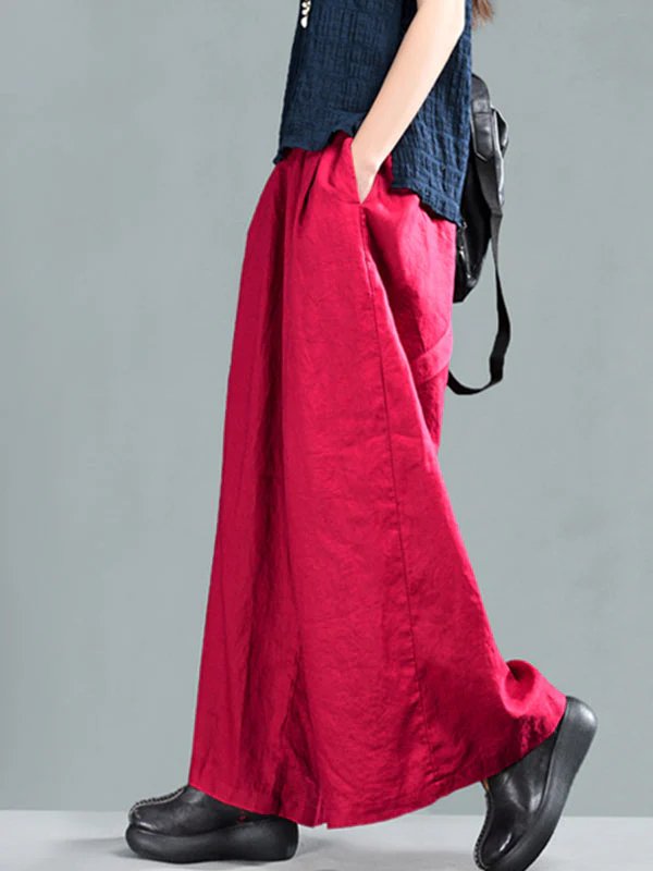 Harriett Vintage Casual Elastic-waist Linen Wide Leg Pants with Pockets - Image 4
