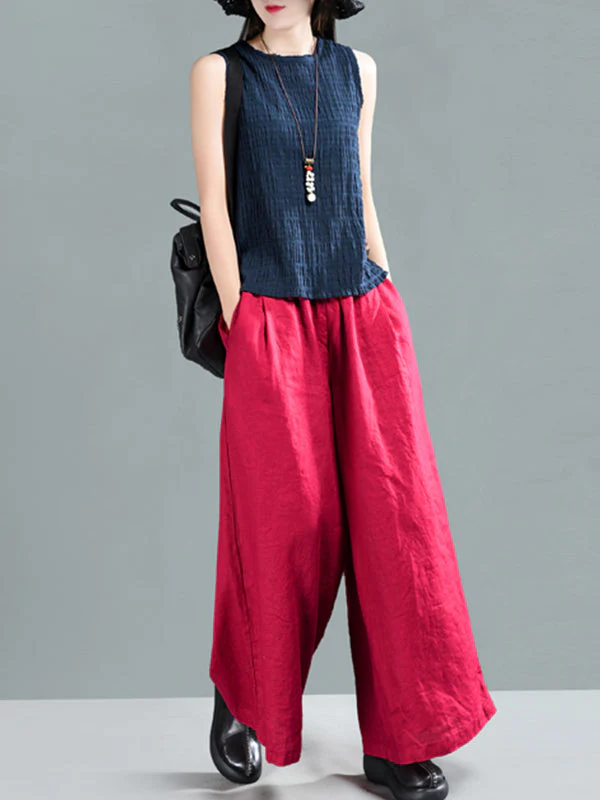 Harriett Vintage Casual Elastic-waist Linen Wide Leg Pants with Pockets - Image 7