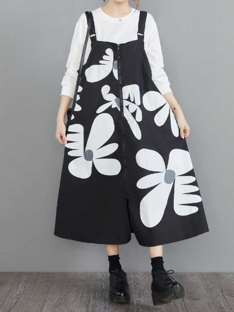 Cotton Floral Art Black Front Zip Salopette Dress - Image 3