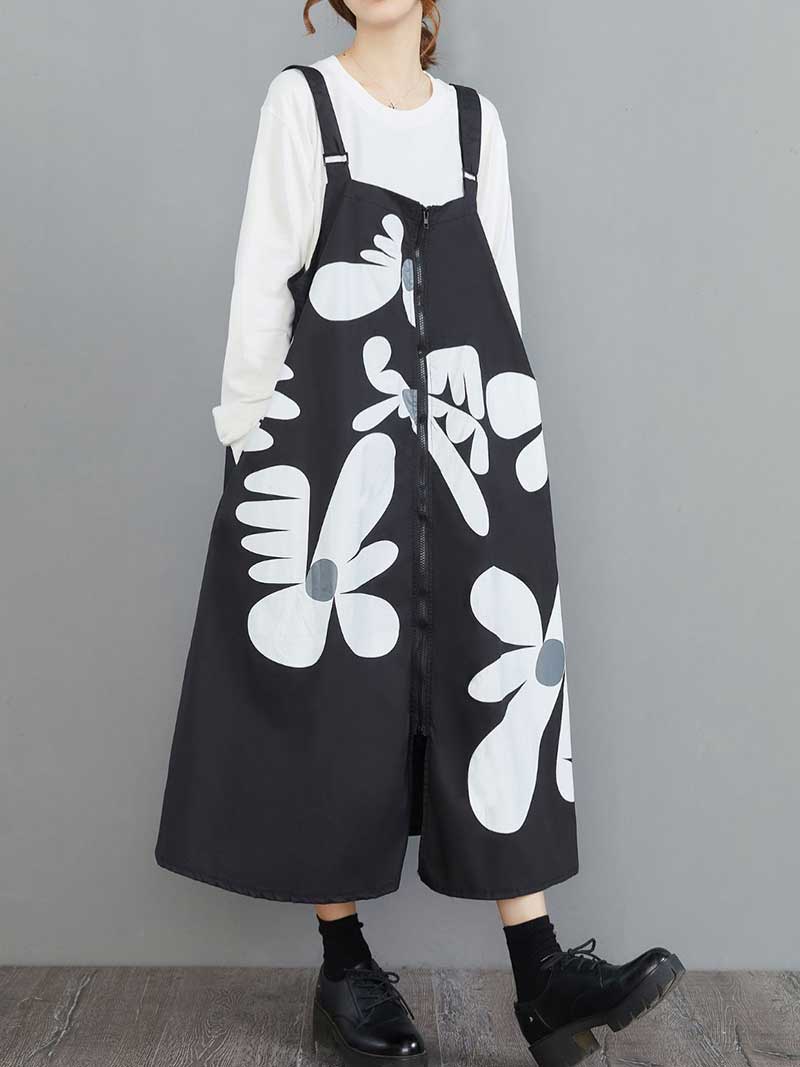 Cotton Floral Art Black Front Zip Salopette Dress - Image 4