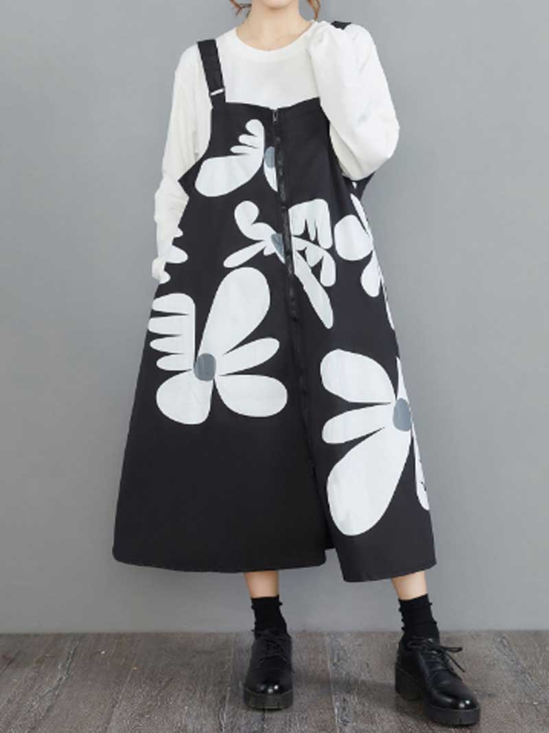 Cotton Floral Art Black Front Zip Salopette Dress - Image 5
