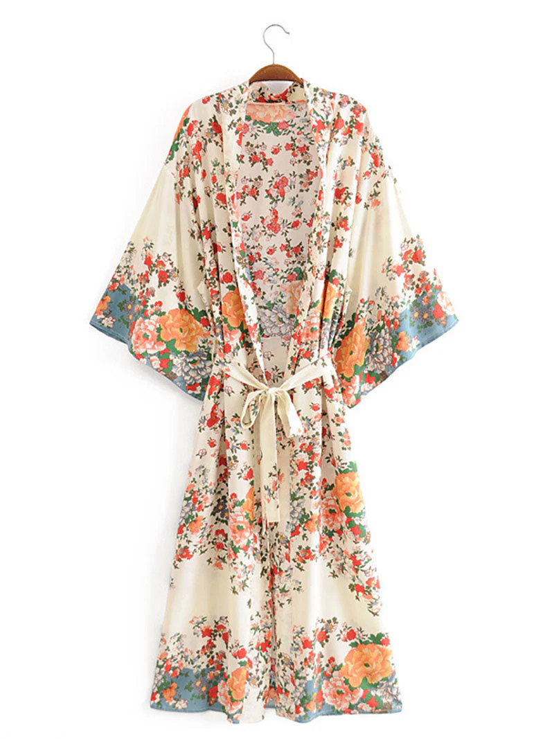 Beachwear Kimono Floral Bohemian Print Beige Color Cotton Long Length Gown Kimono Duster Robe - Image 5