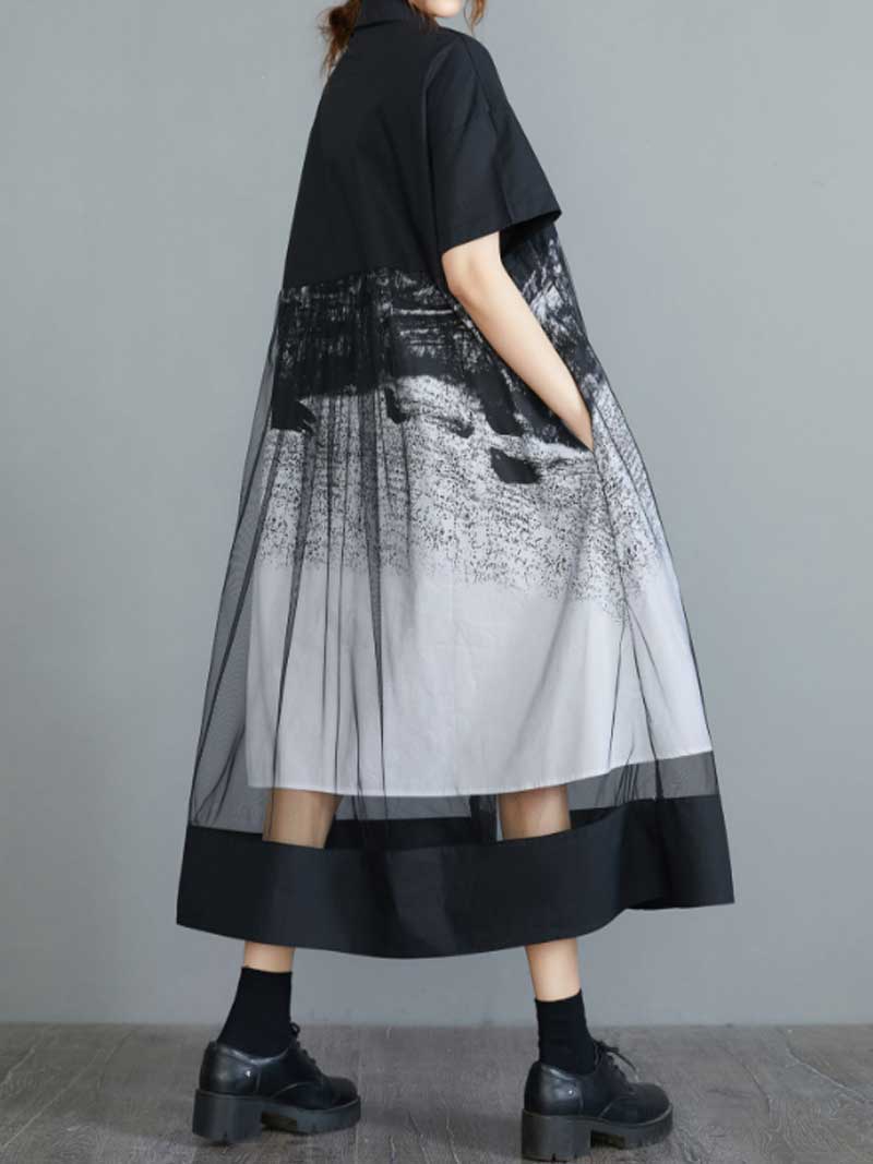 Cotton Retro Printed Black Color Short Sleeves A-Line Shirt Dress - Image 2