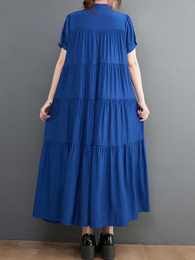 Cotton Short Sleeve Blue Color A-Line Dress - Image 2