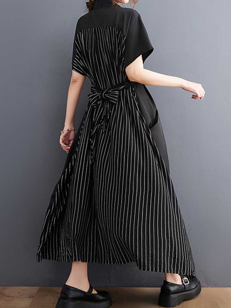 Cotton Short Sleeves Tie Style A-Line Dress - Image 4
