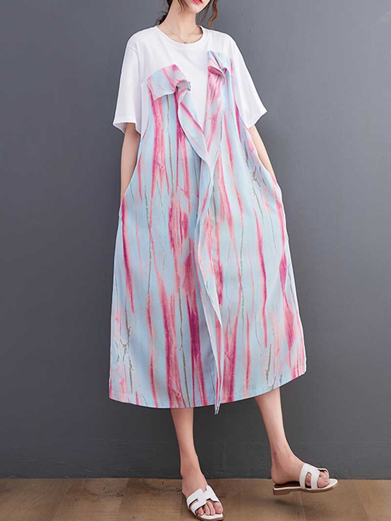 Cotton Tie-Dye Print Short Sleeves Midi Dress - Image 4