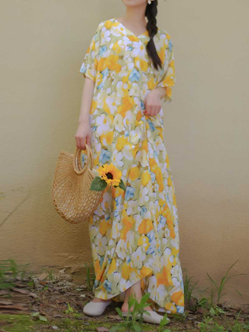 Cotton Yellow Floral Print Kaftan Dress - Image 2