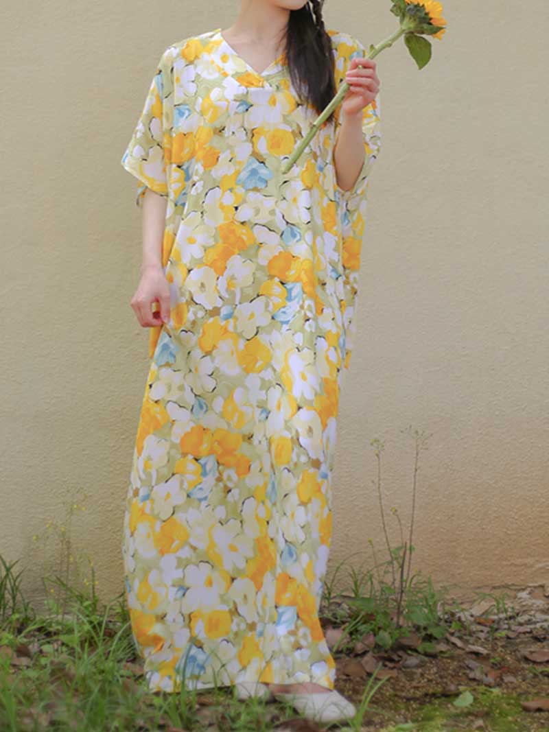 Cotton Yellow Floral Print Kaftan Dress - Image 3