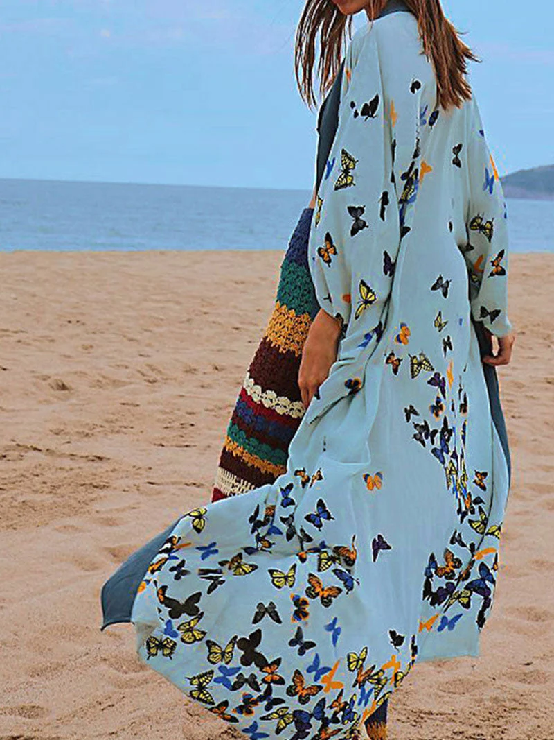 Bride to Be Butterfly Print Blue Color Cotton Long Length Gown Kimono Duster Robe - Image 2