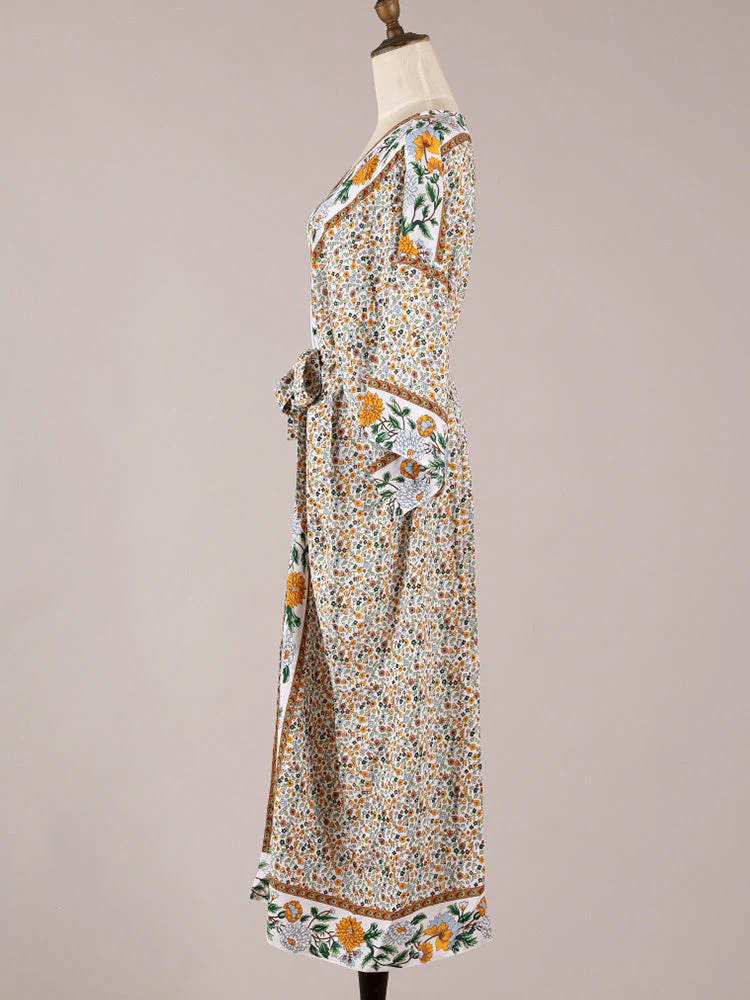 Beachwear Floral Cotton Kimono Beige Color Long Gown Robe Kimono Duster Robe - Image 3