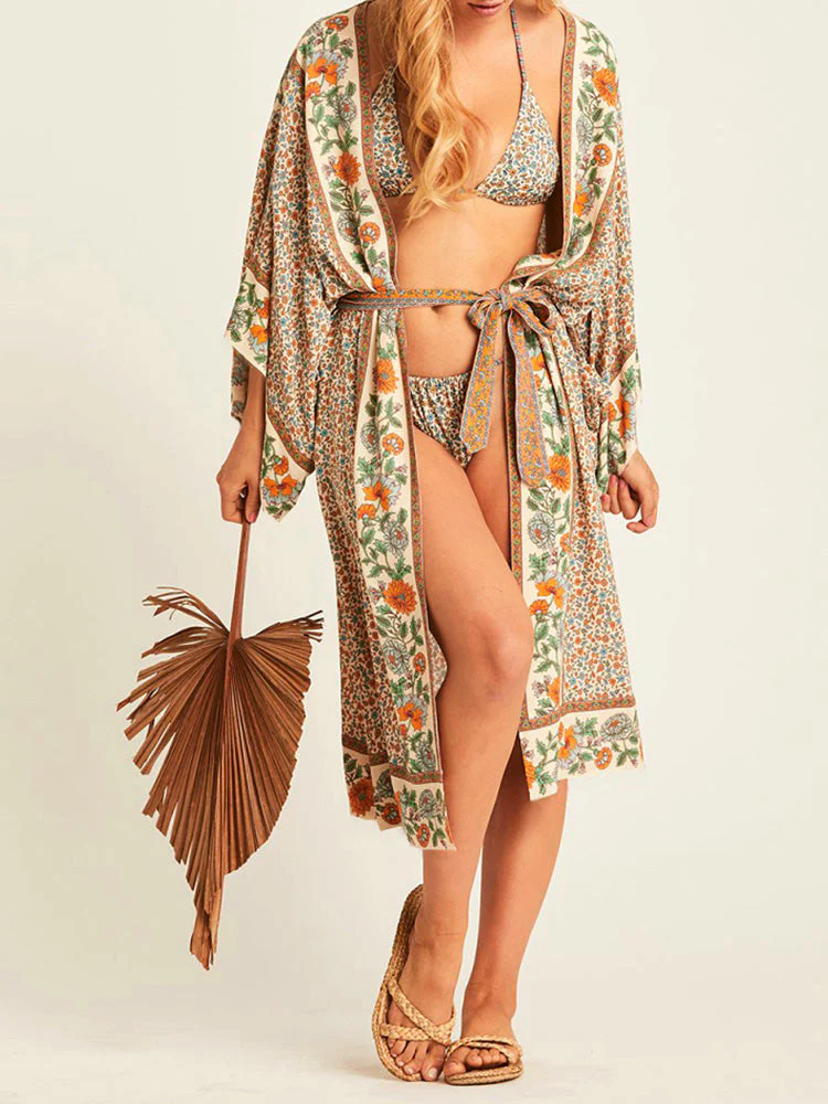Beachwear Floral Cotton Kimono Beige Color Long Gown Robe Kimono Duster Robe - Image 4