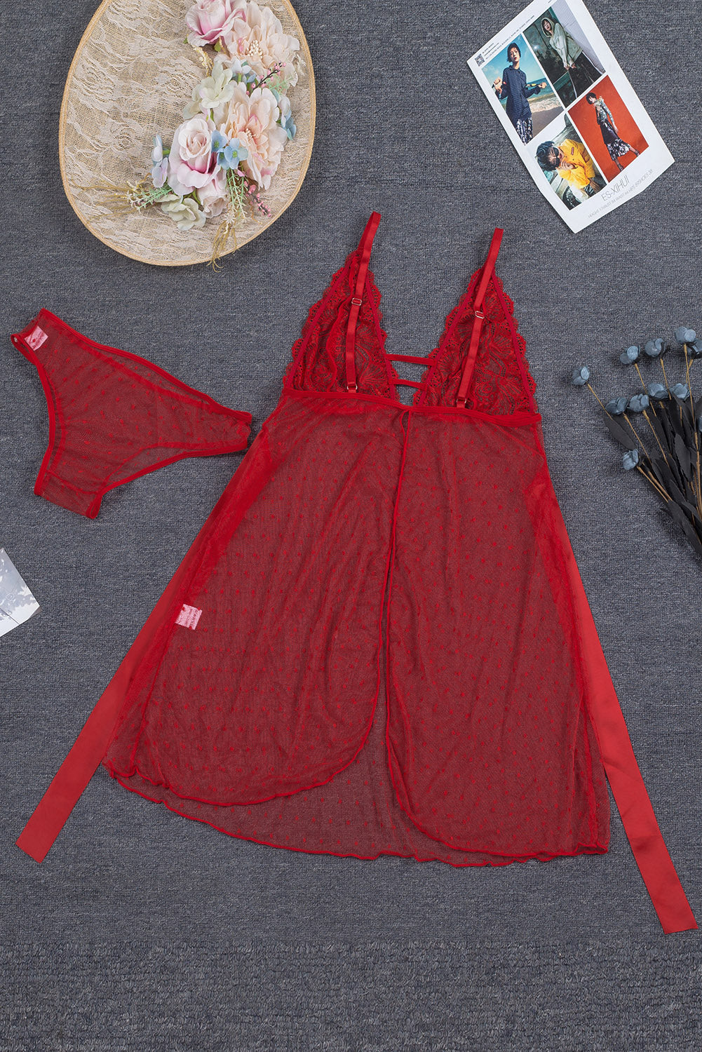Crochet Lace Bowknot Dot Mesh Slit Babydoll - Image 30