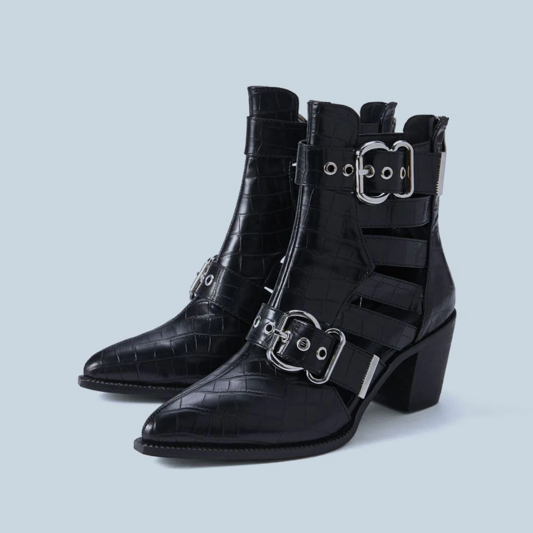 Crocodile Embossed Cutout Trim Metallic Buckle Block Heel Ankle Boots - Black - Image 3