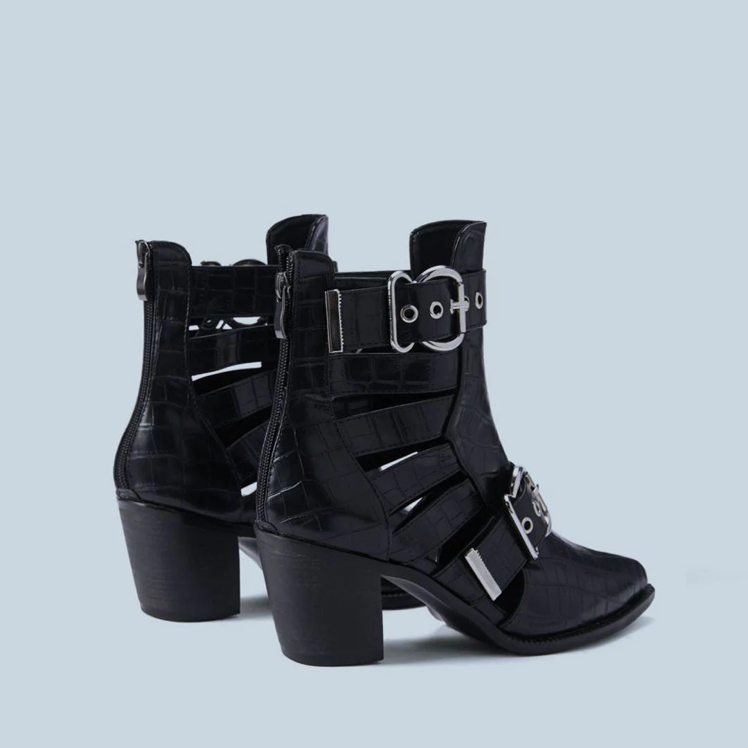 Crocodile Embossed Cutout Trim Metallic Buckle Block Heel Ankle Boots - Black - Image 5