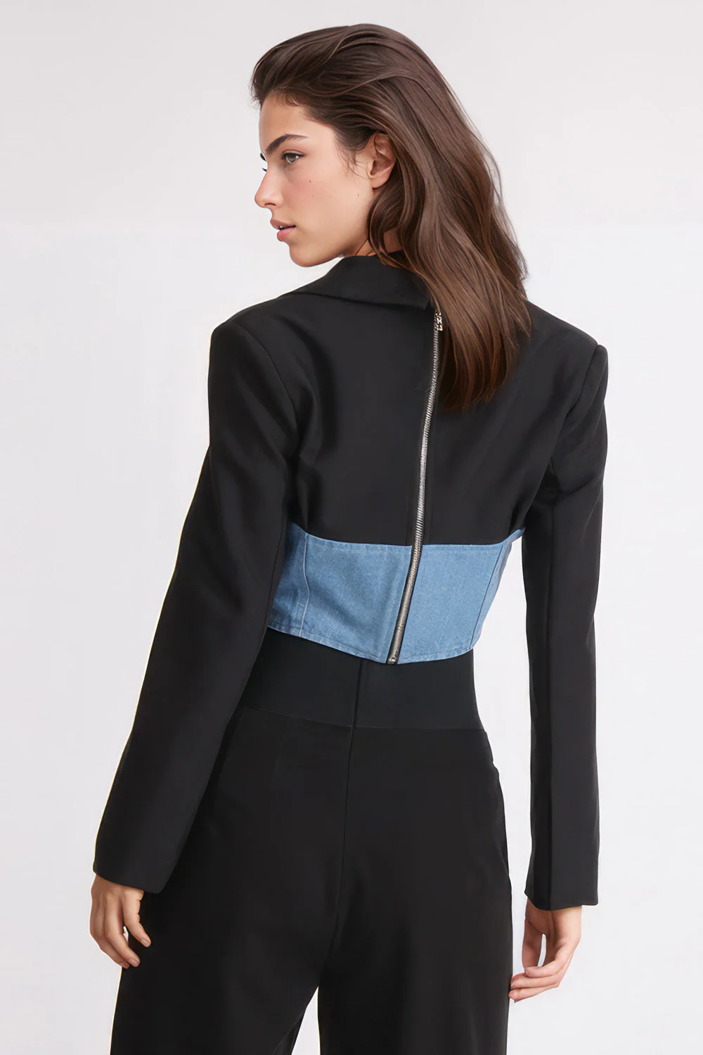Cropped Blazer with Denim Corset at Waist - Black - Image 2
